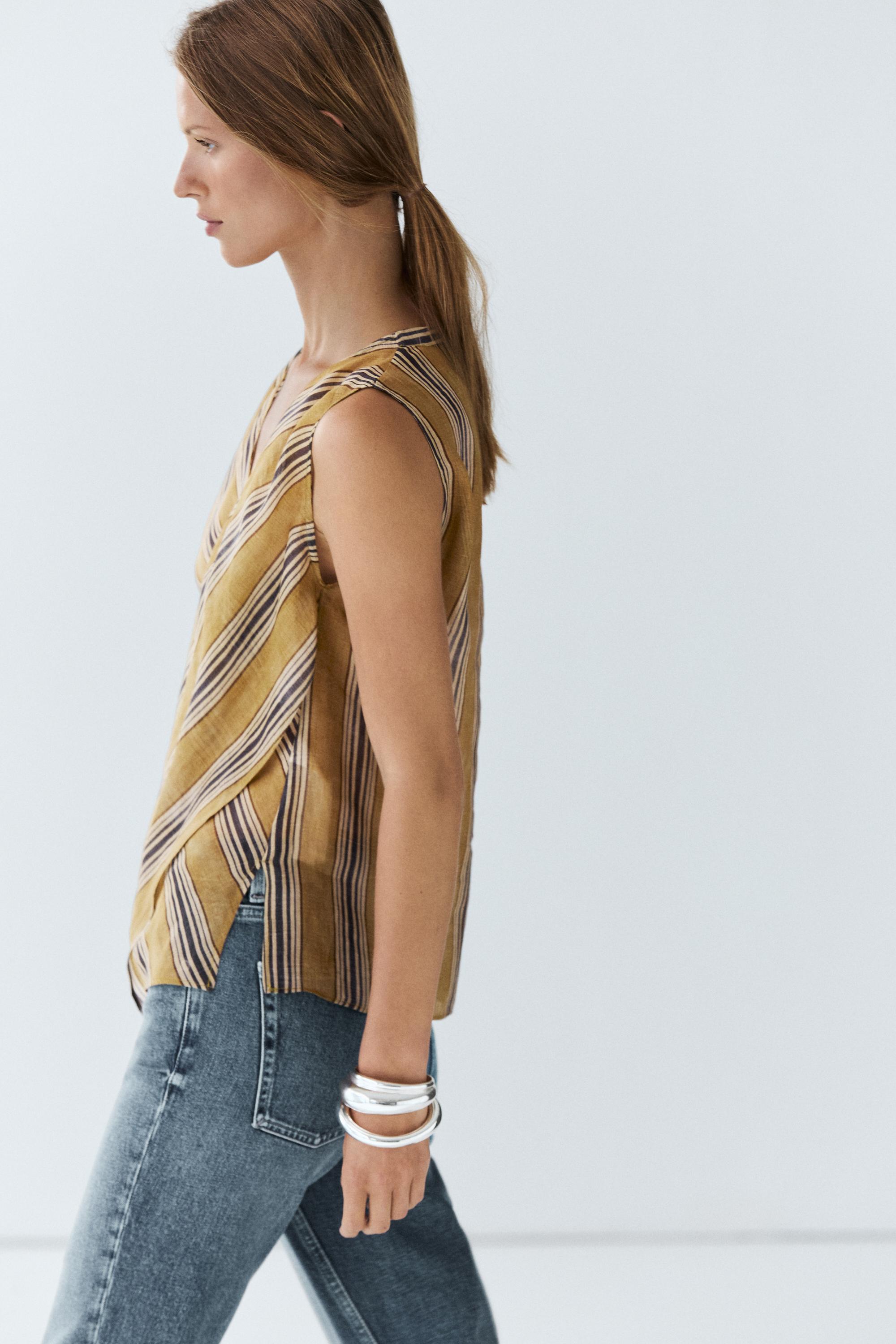 Flowing striped ramie blend wrap top